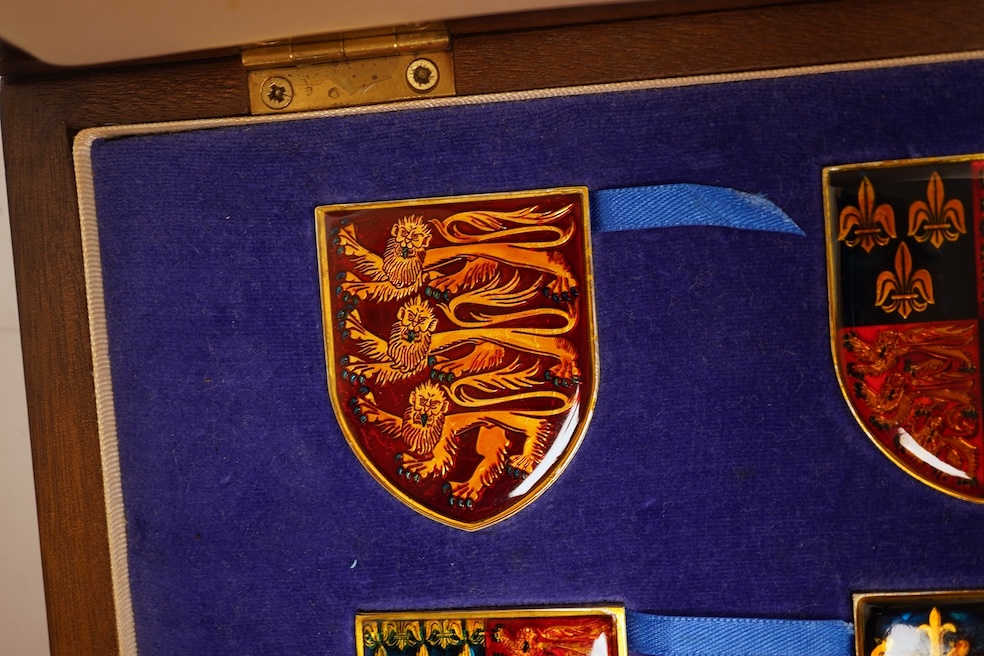 Yorkshire Mint 'Royal Arms Collection' of 12 enamelled silver armorial shields, cased and Westminster Mint 12 QEII Falkland Islands Golden Jubilee proof silver coins, cased (2 cases)